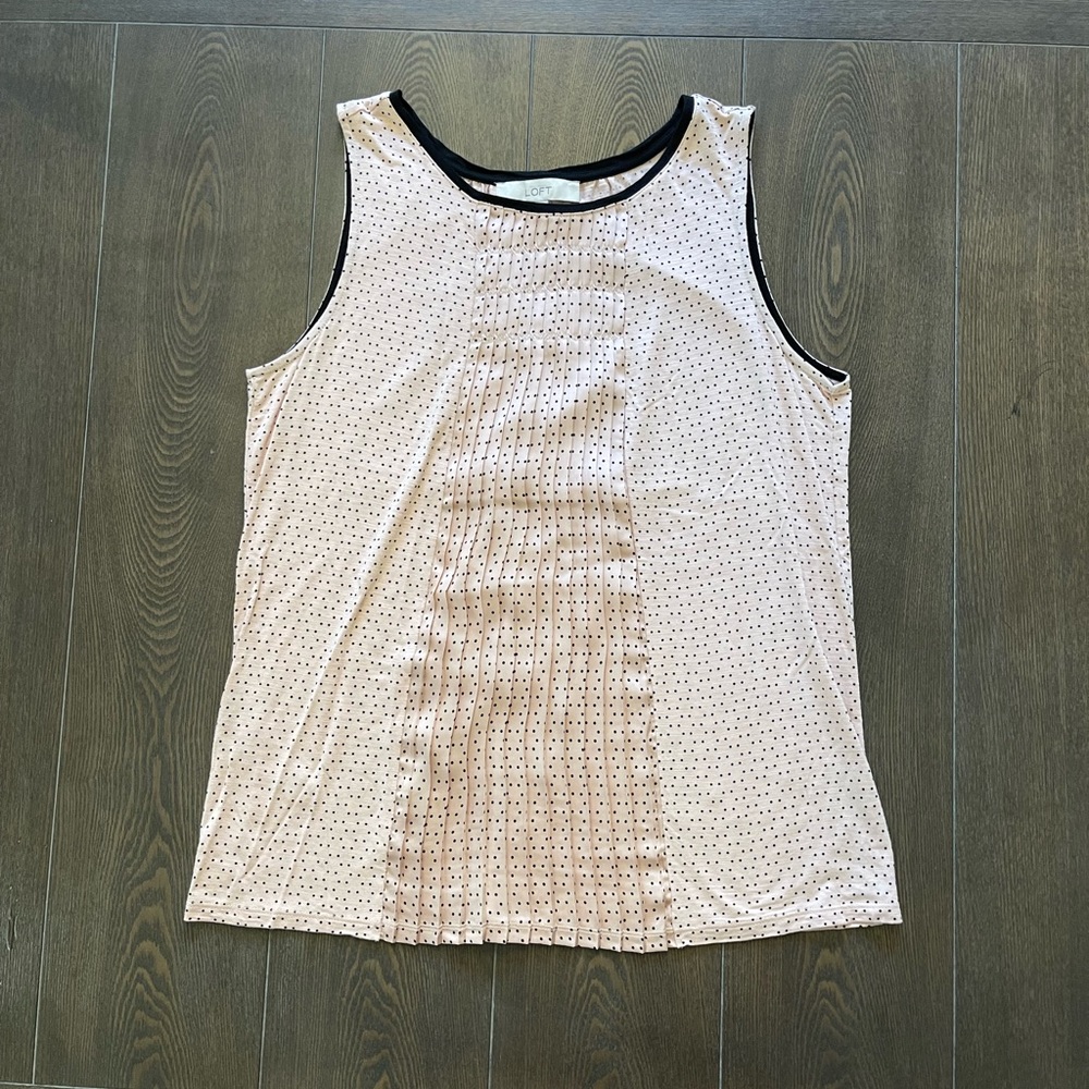 LOFT Soft Pink with Black Polka Dots Tank Top. Pleated Detail.  Size Medium.